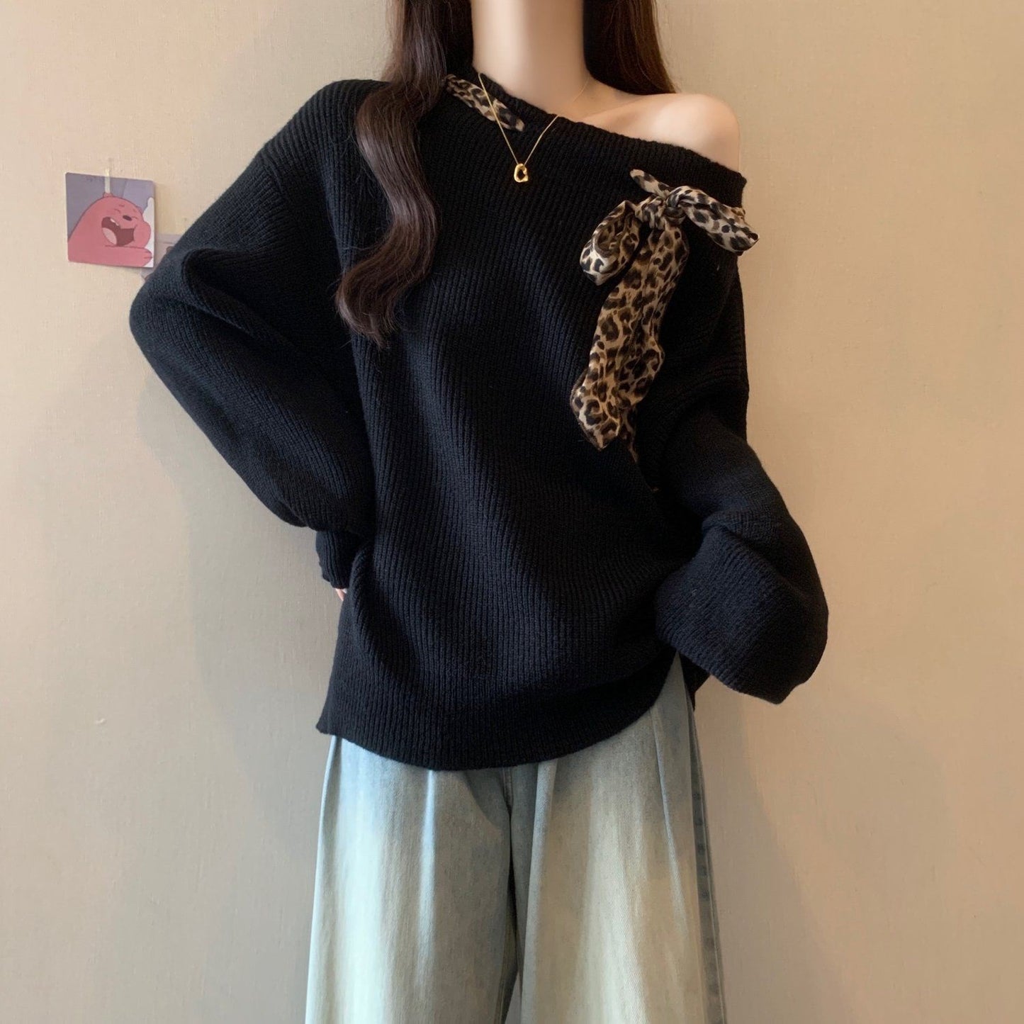 Women's American-style Vintage Leopard Print Off-shoulder Sweater