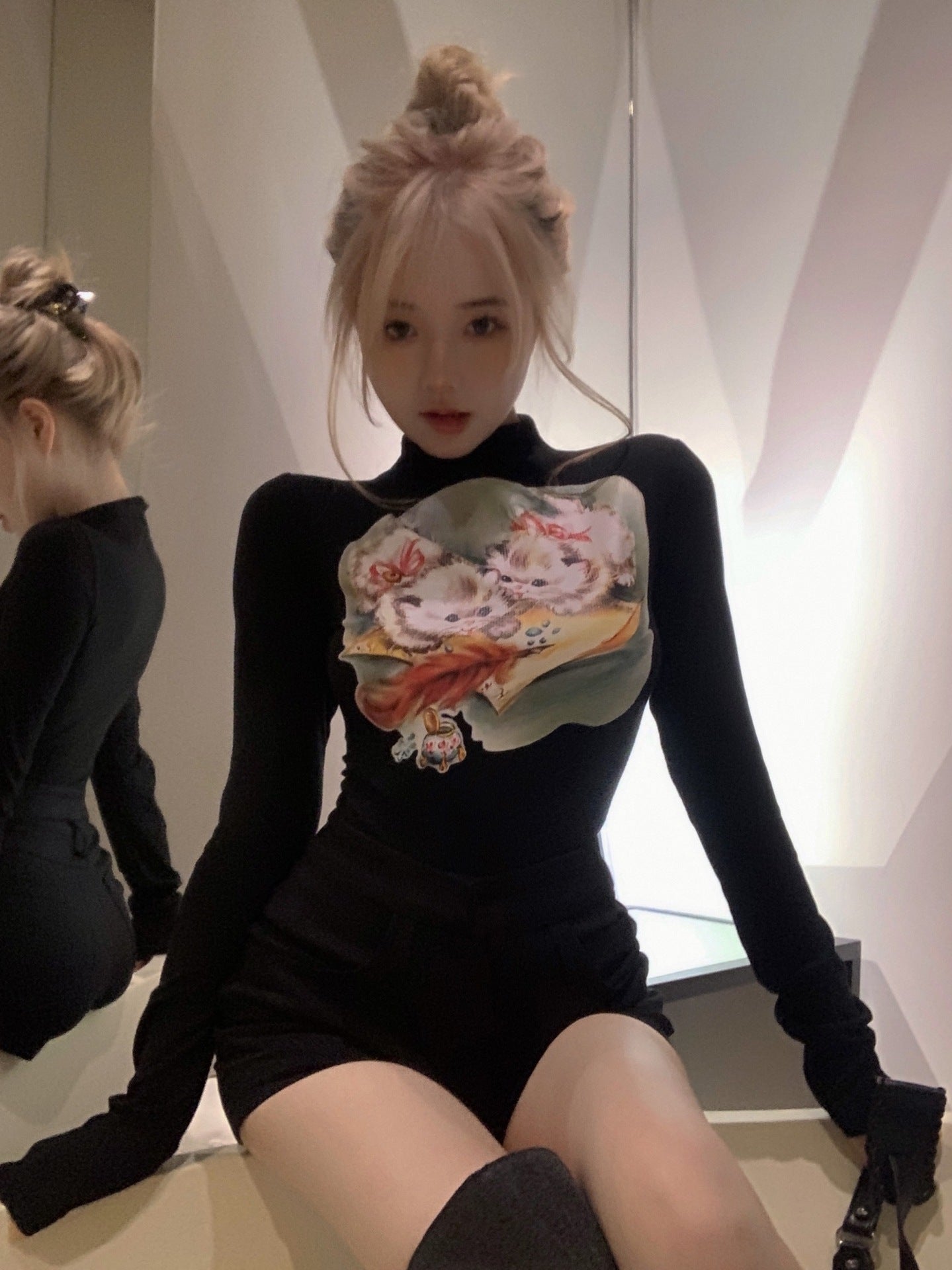 Dopamine Cat Printing Long Sleeve T-shirt Early Autumn