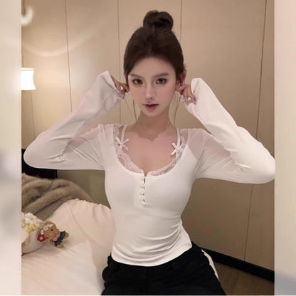 Pure Desire Style Lace Strap Fake Two-piece Dralon Bottoming Shirt For Women