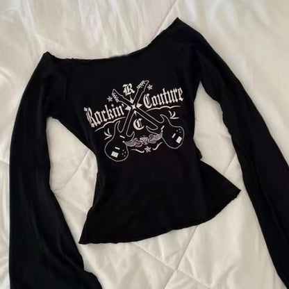 Printed Women's Long-sleeved Off-shoulder Slim-fit Slimming Pure Desire Style