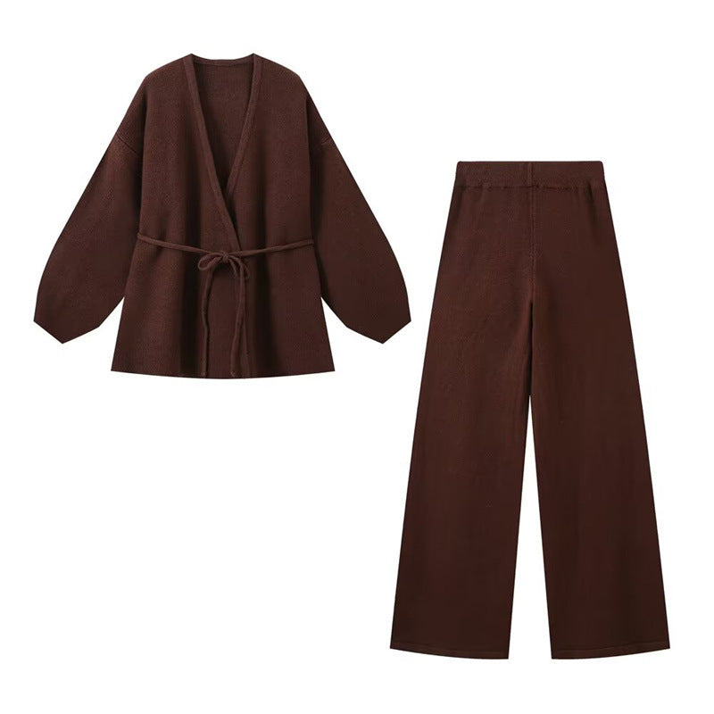 European And American Style Women's Fashion Casual Loose Knitted Solid Color Cardigan Trousers Suit