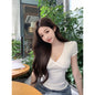 V-neck Lace Leopard-print Slim-fit Short Sleeve Women's Summer