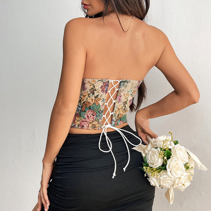 Retro Flower Niche Sling French Court Waist Girdling Band Adjustable Tube Top