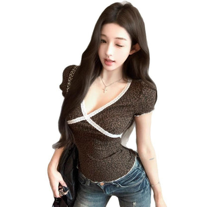 V-neck Lace Leopard-print Slim-fit Short Sleeve Women's Summer