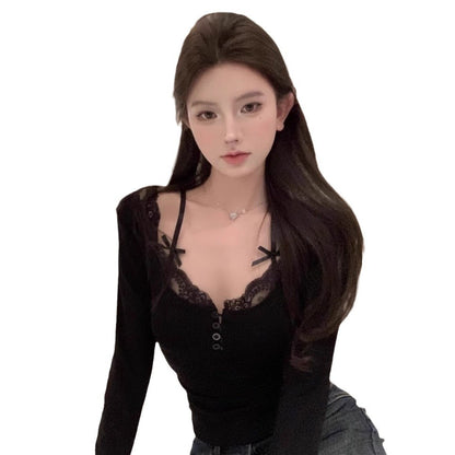 Pure Desire Style Lace Strap Fake Two-piece Dralon Bottoming Shirt For Women