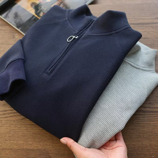 Solid Color Polo Shirt Men's Loose Half Zipper Waffle Sweater