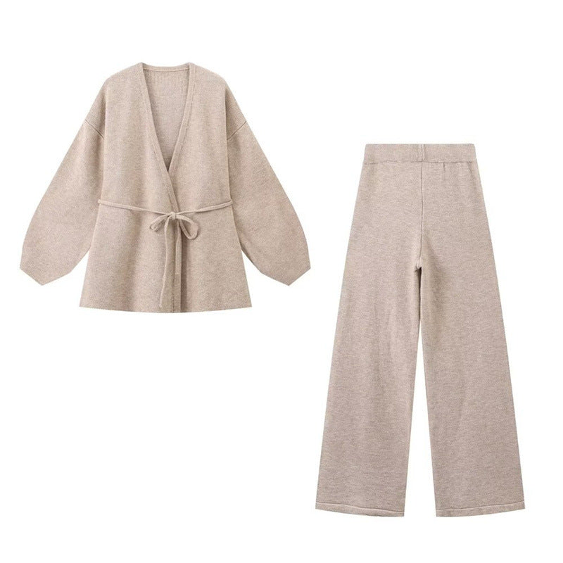 European And American Style Women's Fashion Casual Loose Knitted Solid Color Cardigan Trousers Suit