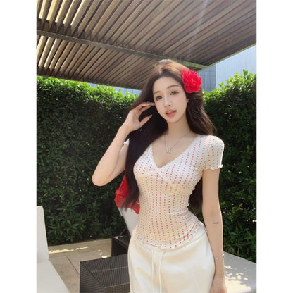 V-neck Lace Leopard-print Slim-fit Short Sleeve Women's Summer