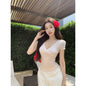 V-neck Lace Leopard-print Slim-fit Short Sleeve Women's Summer