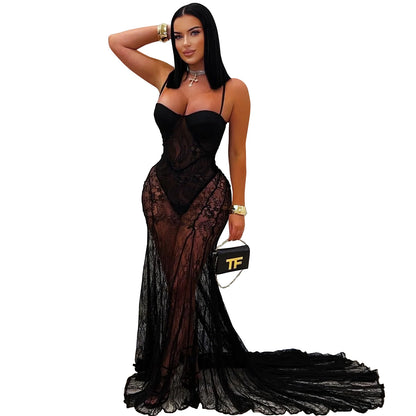 Fashion Women's Wear Sexy Sling Lace See-through Dress