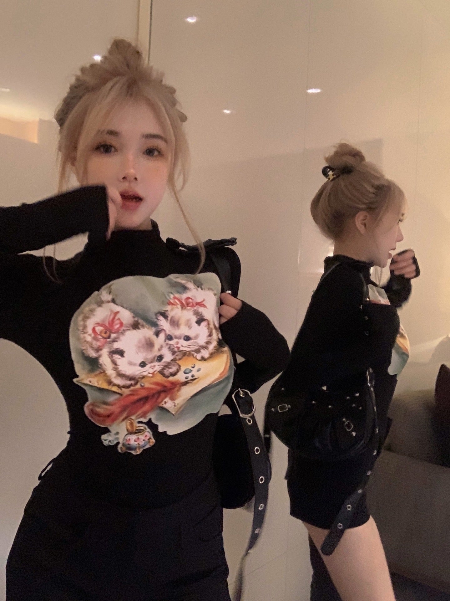Dopamine Cat Printing Long Sleeve T-shirt Early Autumn