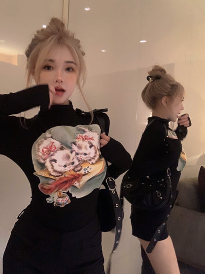 Dopamine Cat Printing Long Sleeve T-shirt Early Autumn