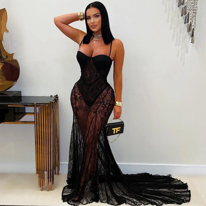 Fashion Women's Wear Sexy Sling Lace See-through Dress