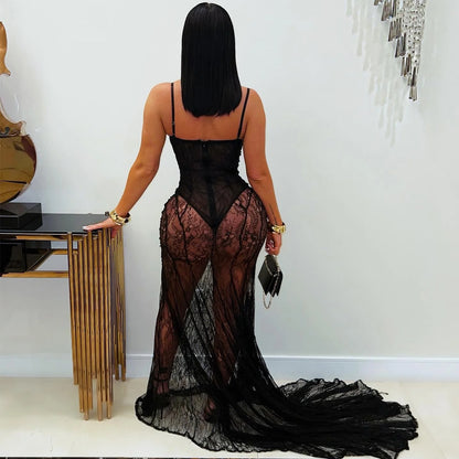 Fashion Women's Wear Sexy Sling Lace See-through Dress