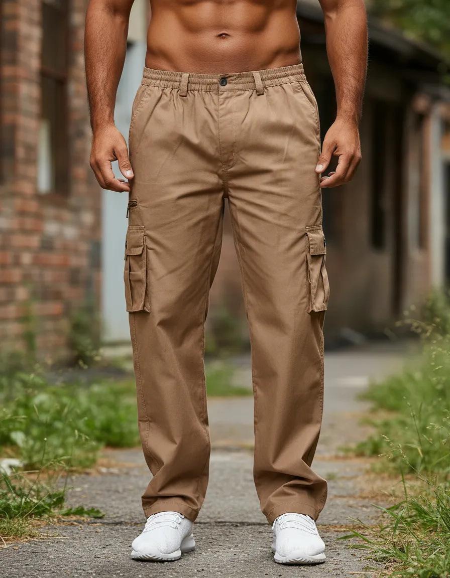 Mens Multi-Pocket Casual Pants Stylish Straight-Leg Workwear