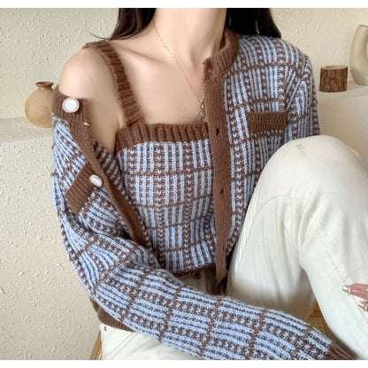 Knit Cardigan Tweed Needle Inner Wear Trendy Two-piece Set