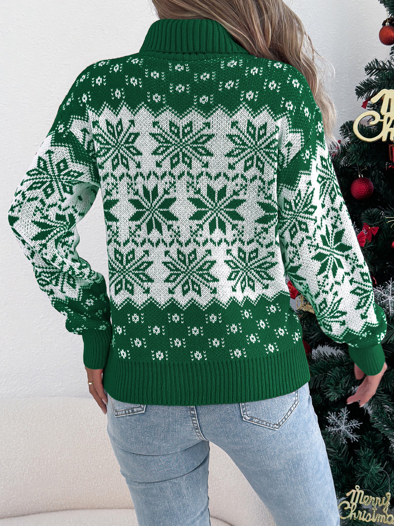 Snowflake Pattern Lantern Sleeve Turtleneck Pullover Sweater