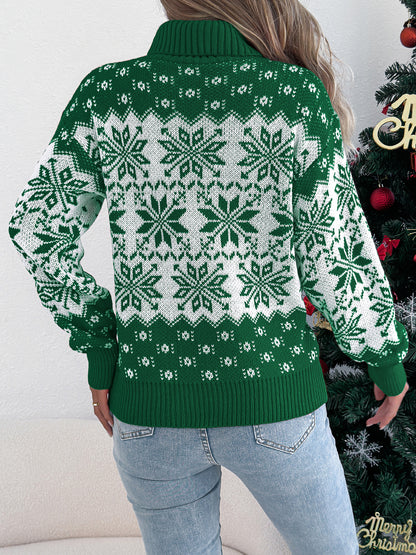 Snowflake Pattern Lantern Sleeve Turtleneck Pullover Sweater
