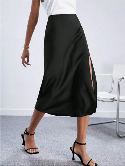 High-waist Satin Skirt, Slit Long Skirt, Satin Midi Skirt, Spring New Style