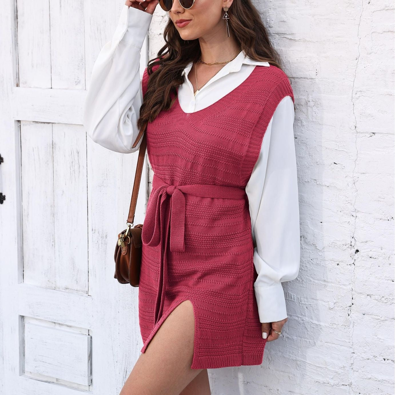 Ladies' Vest Lace-up Split Skirt Woven Sweater