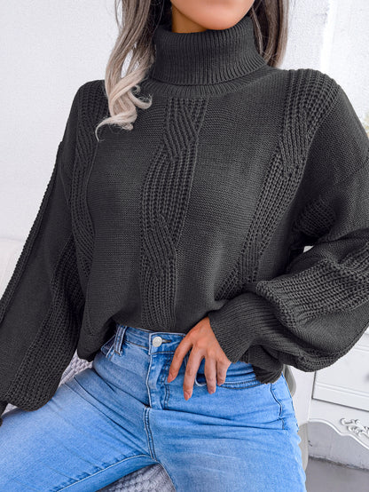 Women Turtleneck Cable Knit Lantern Sleeve Sweater Top