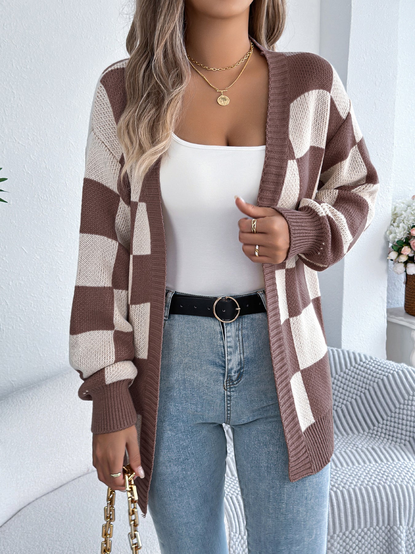Color Block Plaid Lantern Sleeve Cardigan Sweater Mid-Length Coat
