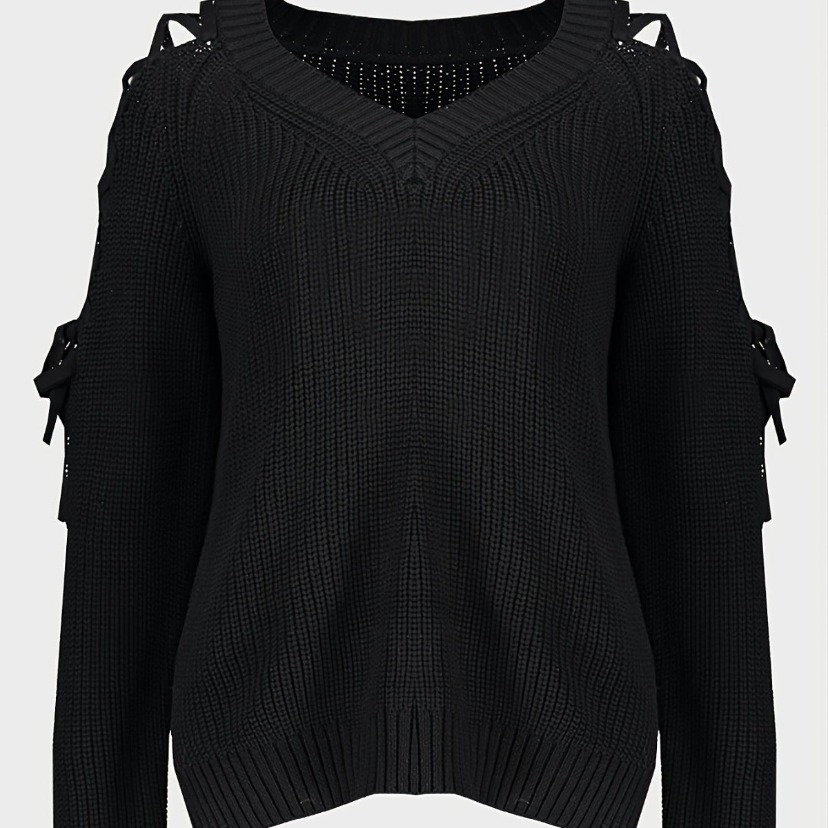 Hollow Knit Sweater Women Long Sleeve Tie Loose V-neck