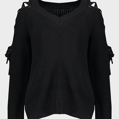 Hollow Knit Sweater Women Long Sleeve Tie Loose V-neck