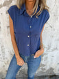 Casual Loose Short Sleeves Button Pocket Cotton Linen Shirt Women