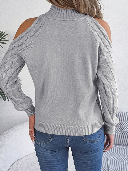 Casual Cable Knit Off-Shoulder Half Turtleneck Long Sleeve Pullover Sweater