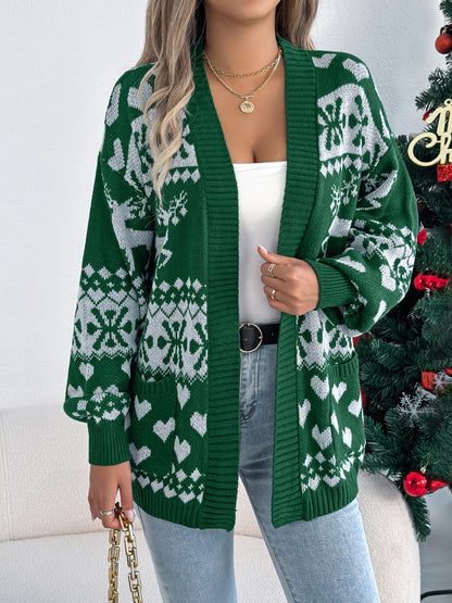 Christmas Deer Pocket Long Sleeve Cardigan Sweater Coat