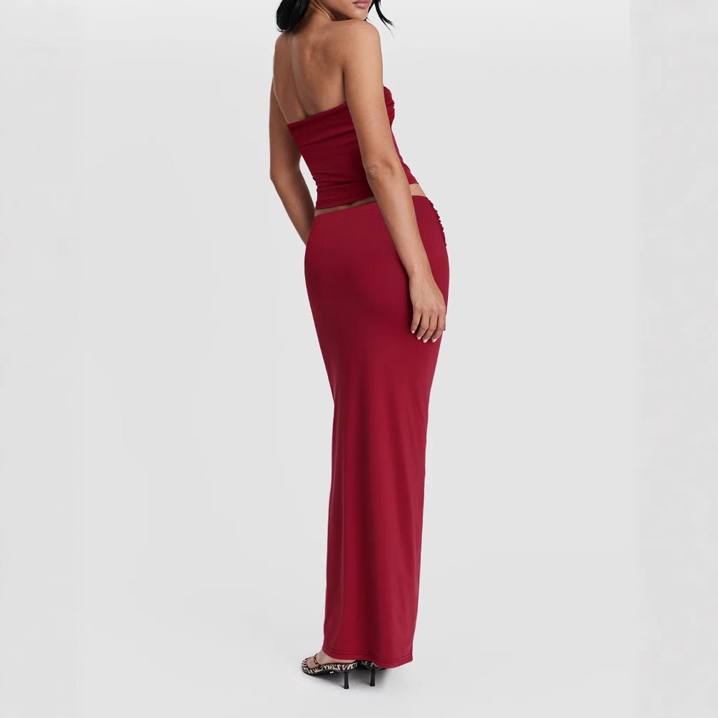 Women's Sexy Strapless Long Dress Slim Two-piece Set