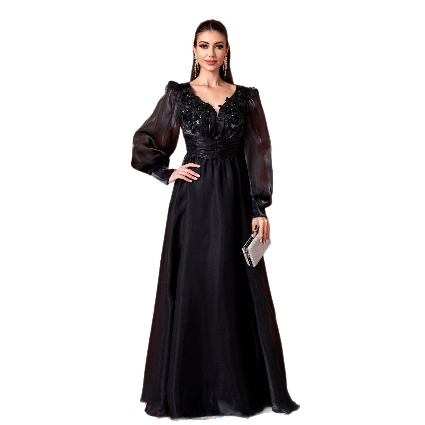 Elegant Long Sleeve V-neck Lace Banquet Swing Evening Dress