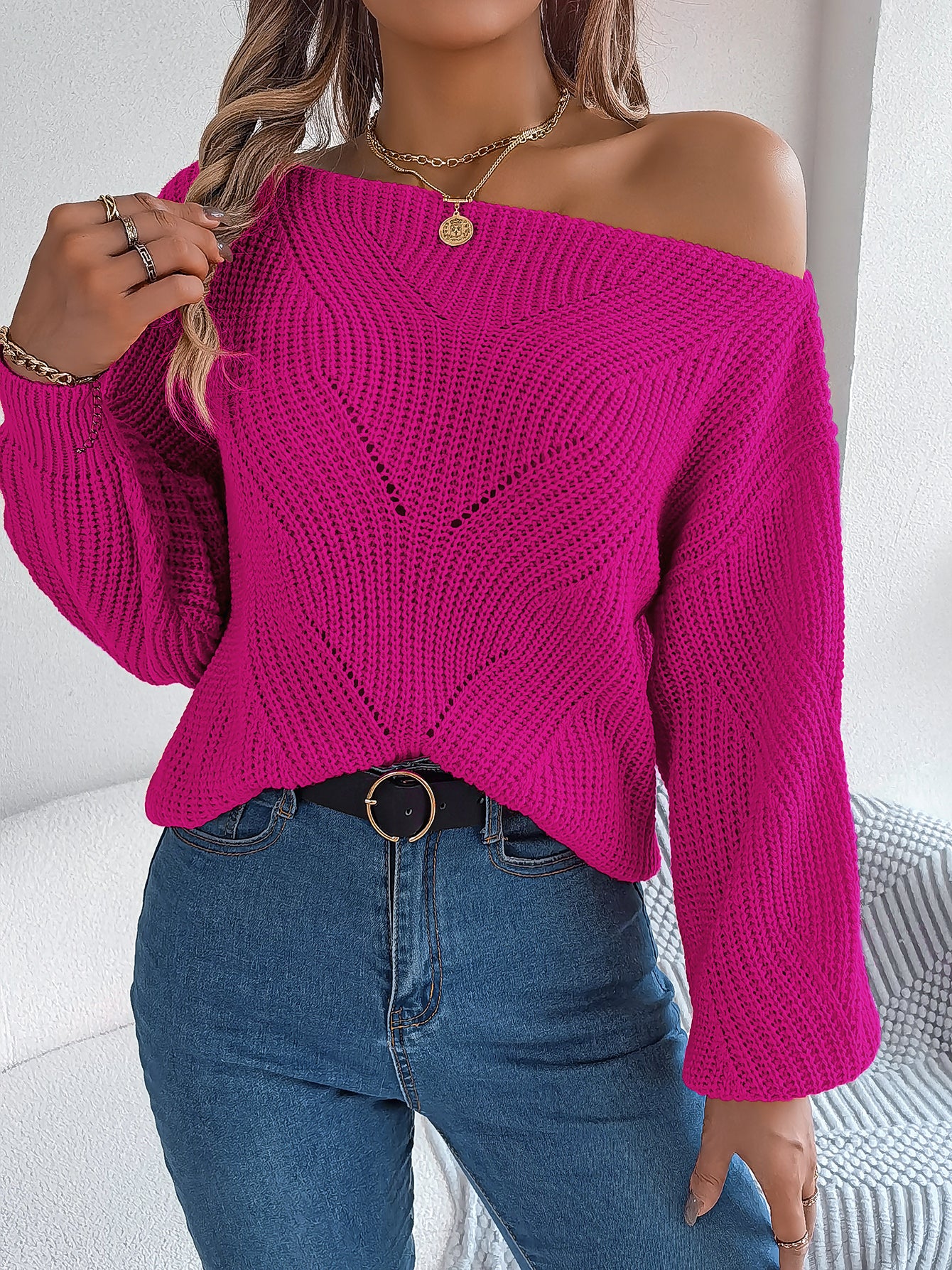 Casual Hollow Out Off-Shoulder Lantern Sleeve Sweater