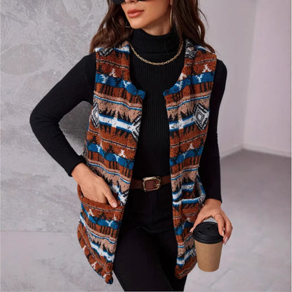 Autumn And Winter Ethnic Style Printed Large Pocket Plush Vest