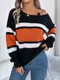 Casual Color Block Striped Lantern Sleeve Metal Button Off-Shoulder Pullover Sweater