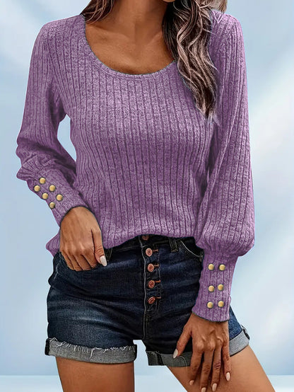 Solid Color Button Round Neck Long Sleeve Sweater