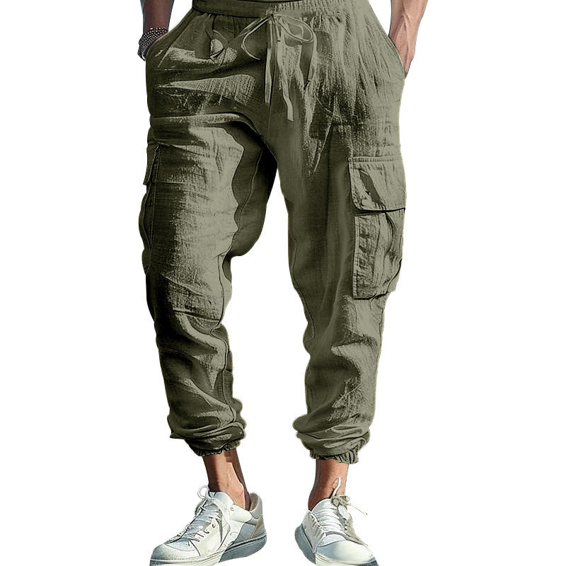Mens Casual Cotton-Linen Pants With Multiple Pockets And A Drawstring