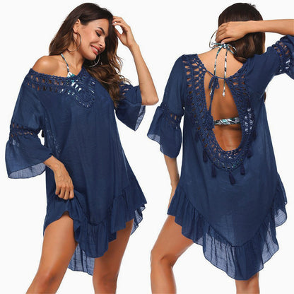 Hand Crocheting Stitching Smock Dress Beach Cover-up Slub Cotton Crochet