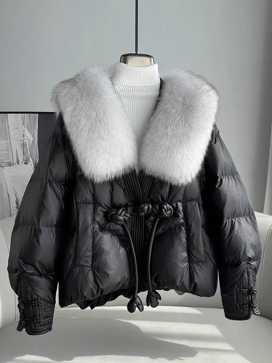 Polyester Women's Loose Thick Cotton Coat With Fur Collar