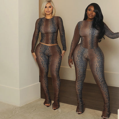 Slim-fit Waist-cinching Long-sleeved High-waist Printed Pantsuit For Women