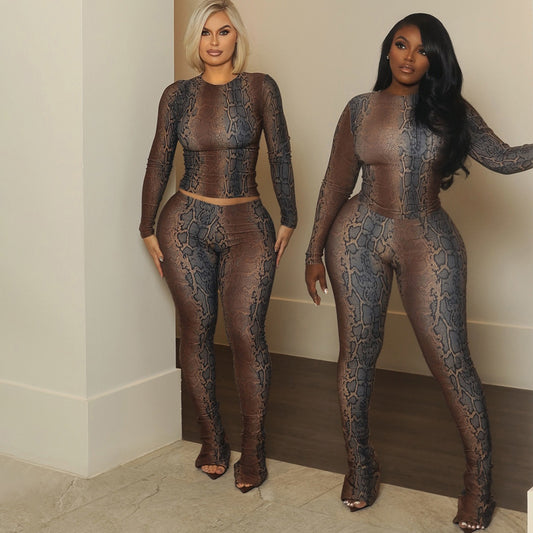 Slim-fit Waist-cinching Long-sleeved High-waist Printed Pantsuit For Women