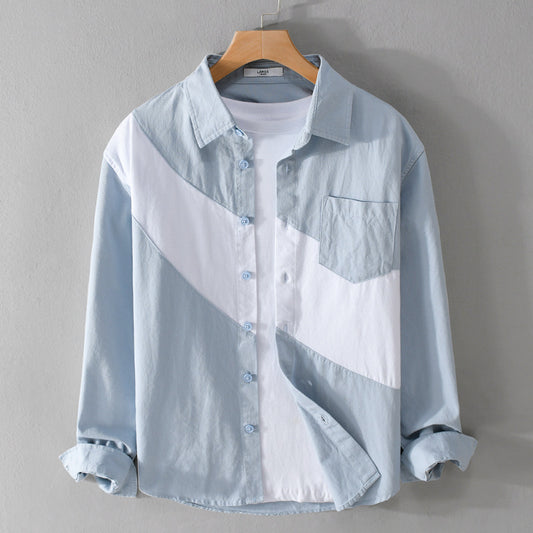 Men's Clothing Leather Stitching Long-sleeved Shirt