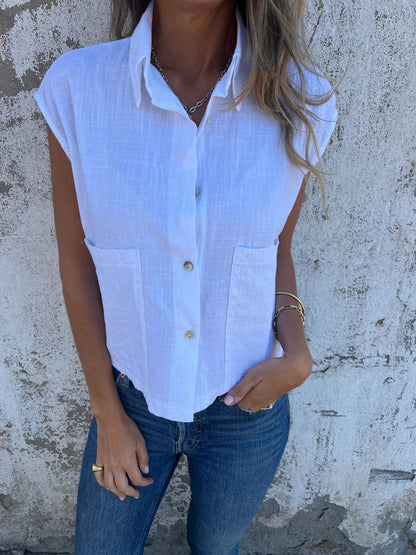 Casual Loose Short Sleeves Button Pocket Cotton Linen Shirt Women