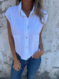 Casual Loose Short Sleeves Button Pocket Cotton Linen Shirt Women