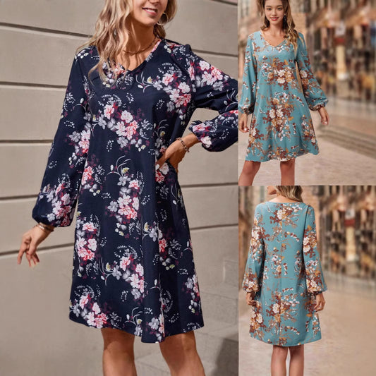 European And American Retro Printed Fashionable Elegant Floral Printed Lantern Sleeve Dress
