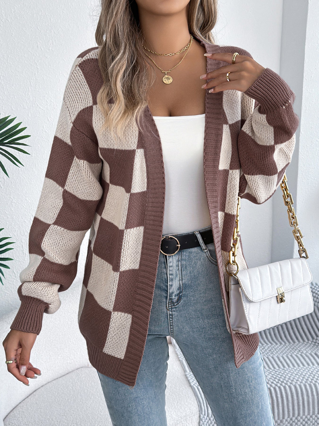 Color Block Plaid Lantern Sleeve Cardigan Sweater Mid-Length Coat