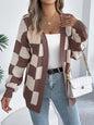 Color Block Plaid Lantern Sleeve Cardigan Sweater Mid-Length Coat