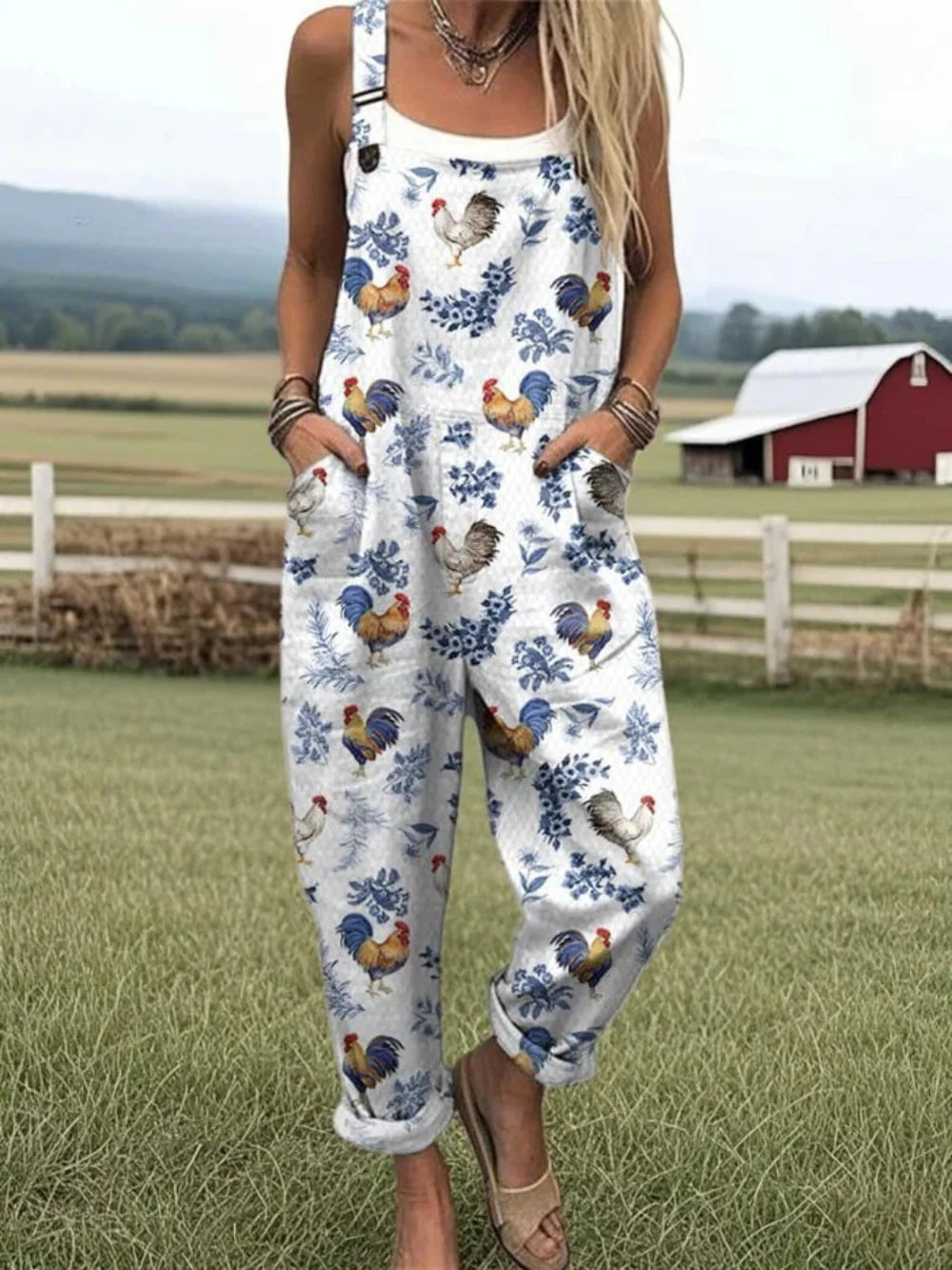 Women's Summer Digital Printing Button Casual Suspender Trousers