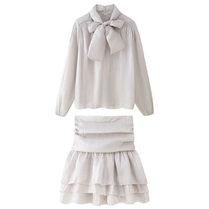 Women's Bow Tie Belted Shirt Top High Waist Shirred Skirt Two-Piece Set